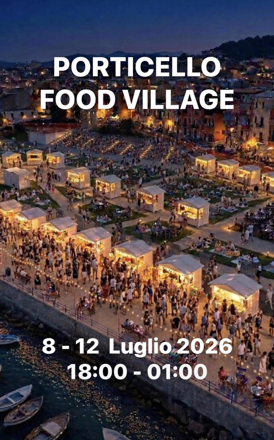 Porticello Food Village 2026 poster showing a waterfront food market at night